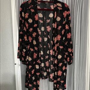 Floral Sheer Open-Front Blouse - Black with Pink & Cream Flowers